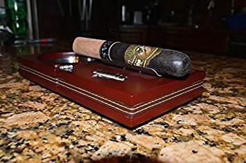 Habanosy Hermanos Compact Ash Tray with Cutter and Punch, Walnut with Leather, 4.75 in x 4.75 in x 2.8 in