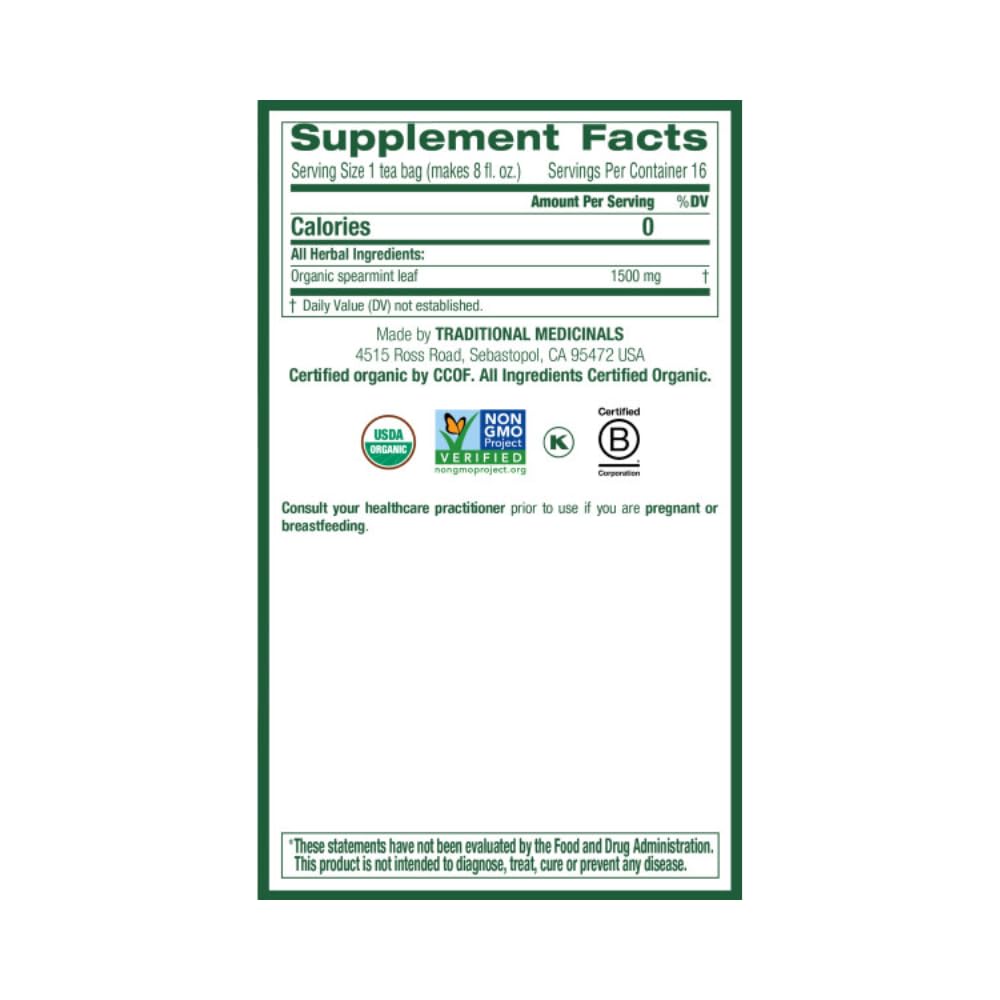 Traditional Medicinals Organic Spearmint Tea, 16 Count, Pack of 6