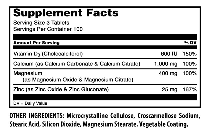 Amazing Nutrition Calcium Magnesium Zinc D3 Tablets, 300 Count