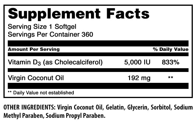 Amazing Nutrition Vitamin D3 With Organic Coconut Oil Softgels, 360 Count