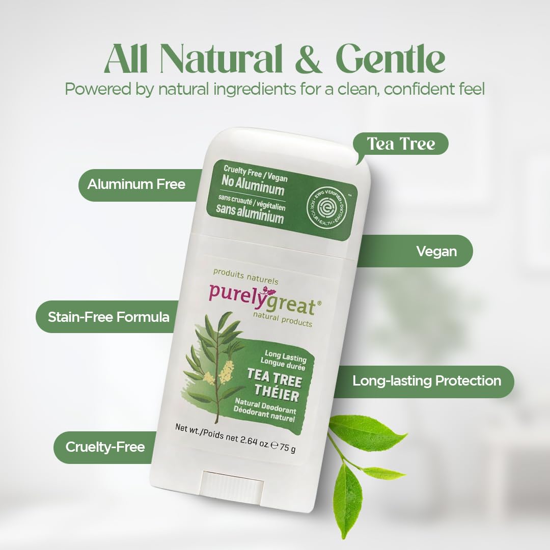 Purelygreat Natural Deodorant Stick, Tea Tree Scent, 2.64 oz