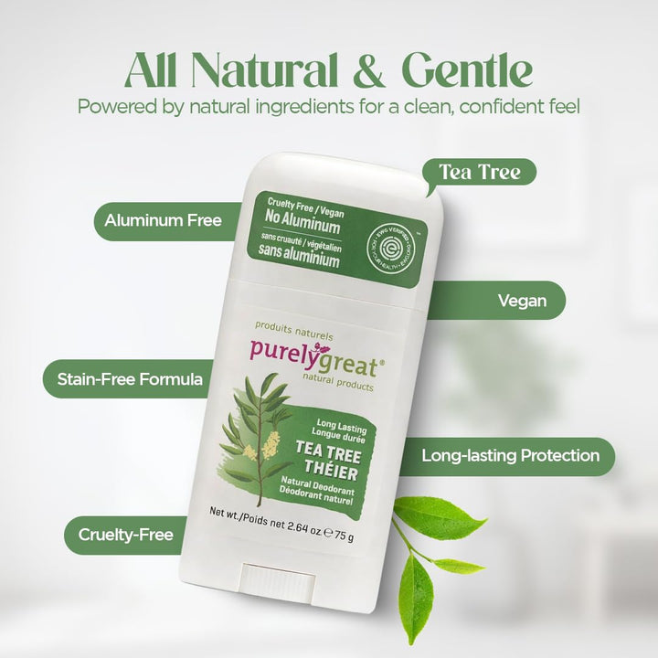 Purelygreat Natural Deodorant Stick, Tea Tree Scent, 2.64 oz