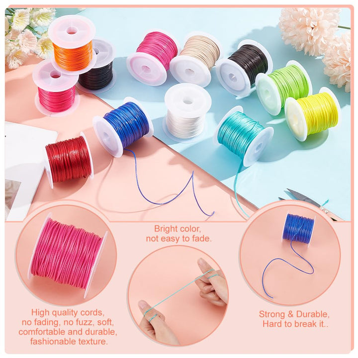 PH PandaHall Waxed Polyester Cord Thread, 12 Colors, 12 Count