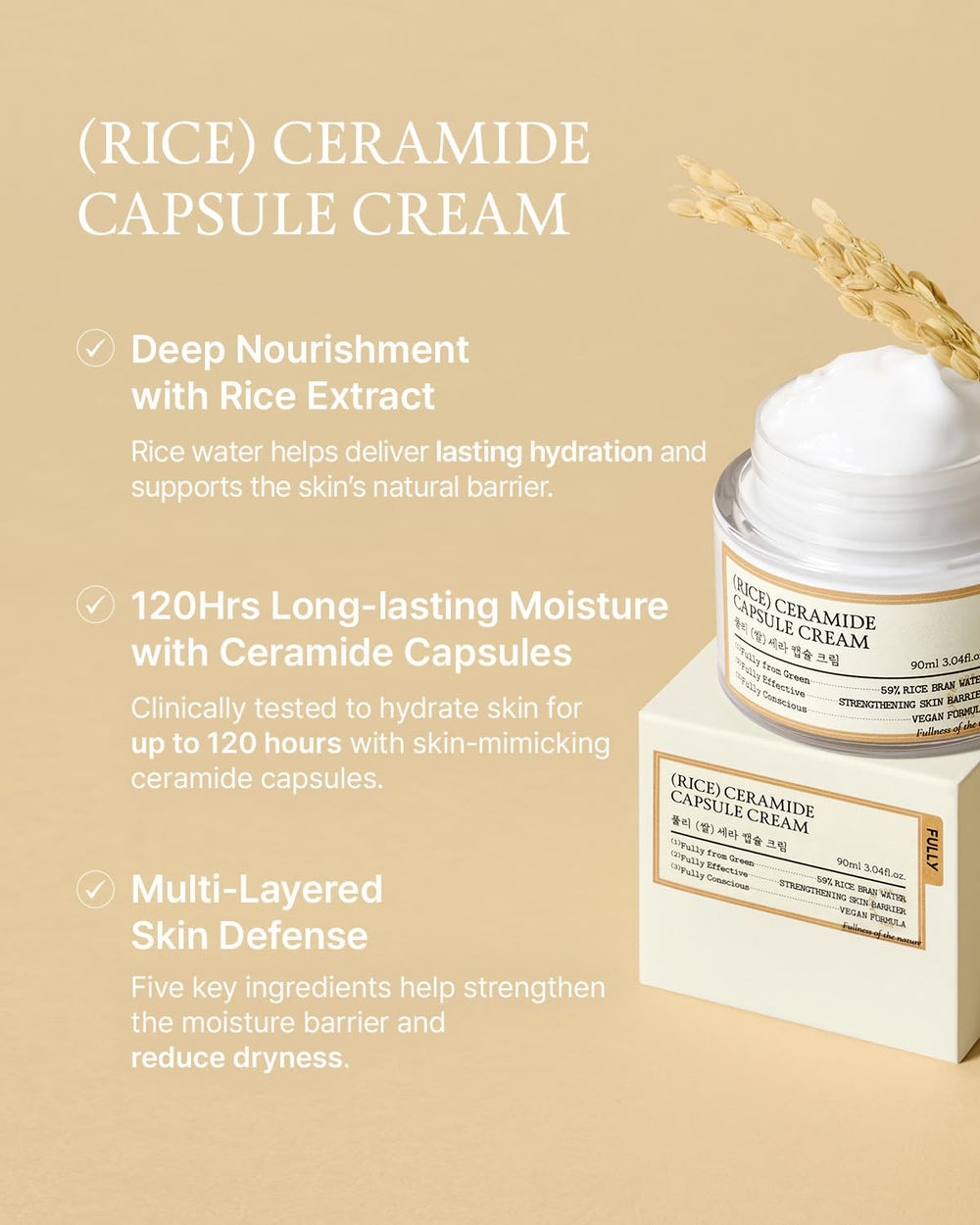 FULLY Rice Ceramide Moisturizing Cream, Fragrance-Free, 3.04 fl oz