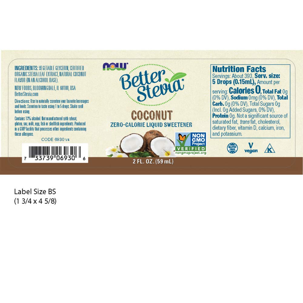 NOW Better Stevia Liquid Sweetener, Coconut, 59 ml