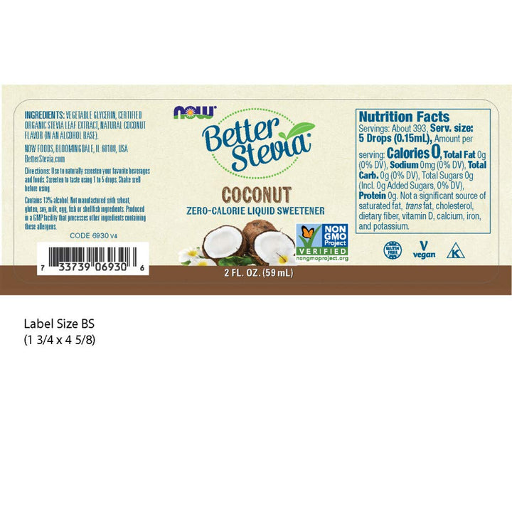 NOW Better Stevia Liquid Sweetener, Coconut, 59 ml