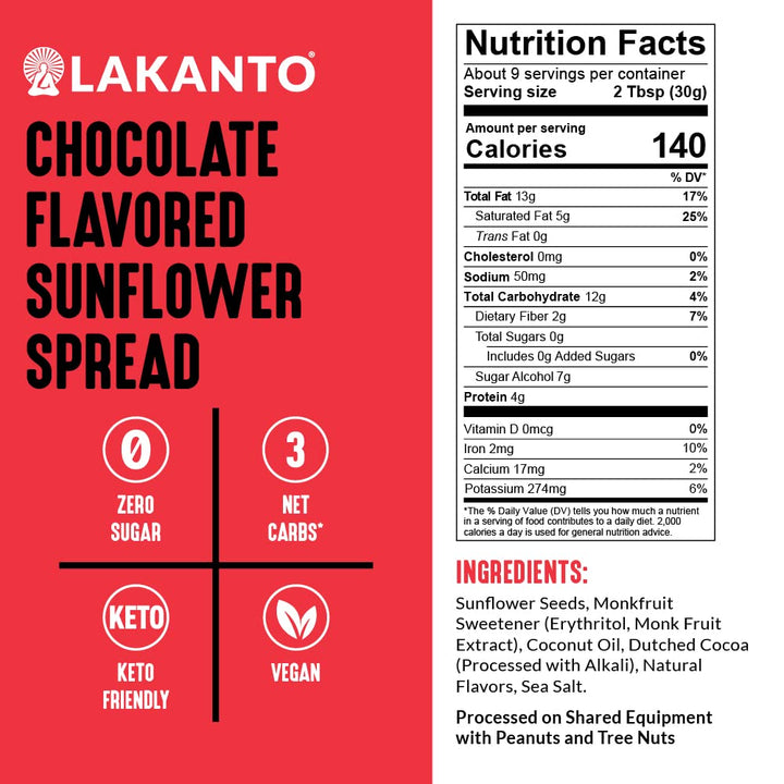 Lakanto Sugar Free Chocolate Sunflower Spread, Dutch Cocoa, 10 oz