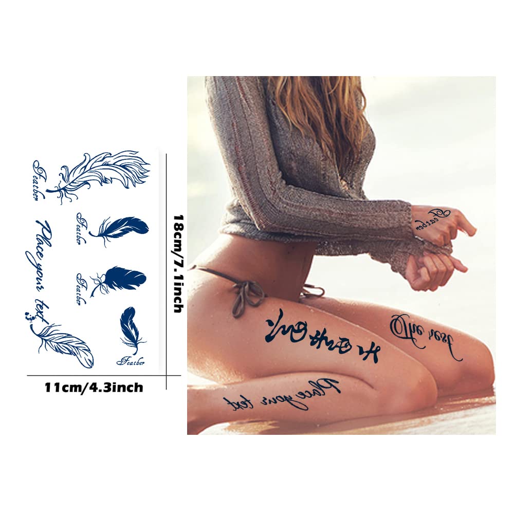 PADOUN Butterfly Feather Semi Permanent Tattoo, Chinese English Letter, 6 Count