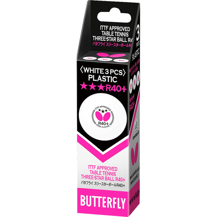 Butterfly R40+ Table Tennis Balls, White, 40mm, Pack of 3
