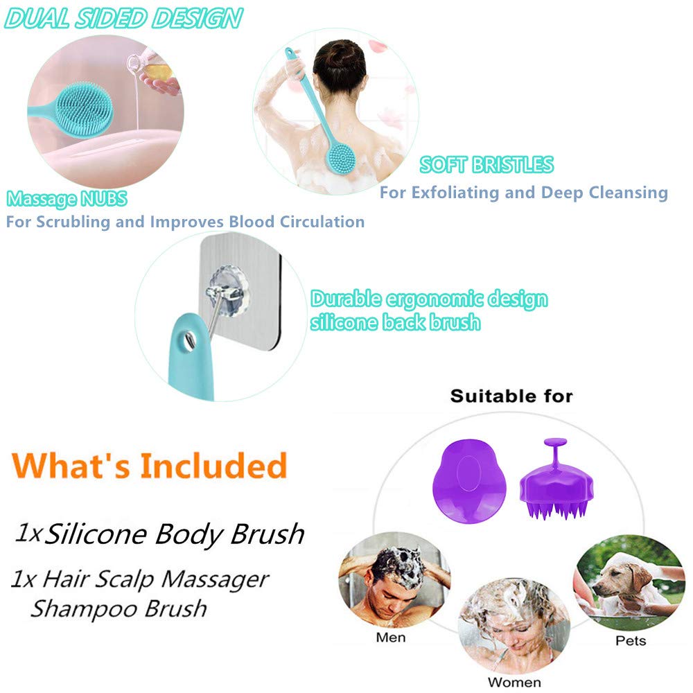 Cinlitek Silicone Back Scrubber And Scalp Massager Brush, 2 Count