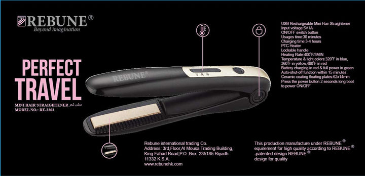 REBUNE Ceramic Hair Straightener RE-2203, Wireless Mini Rechargeable, USB