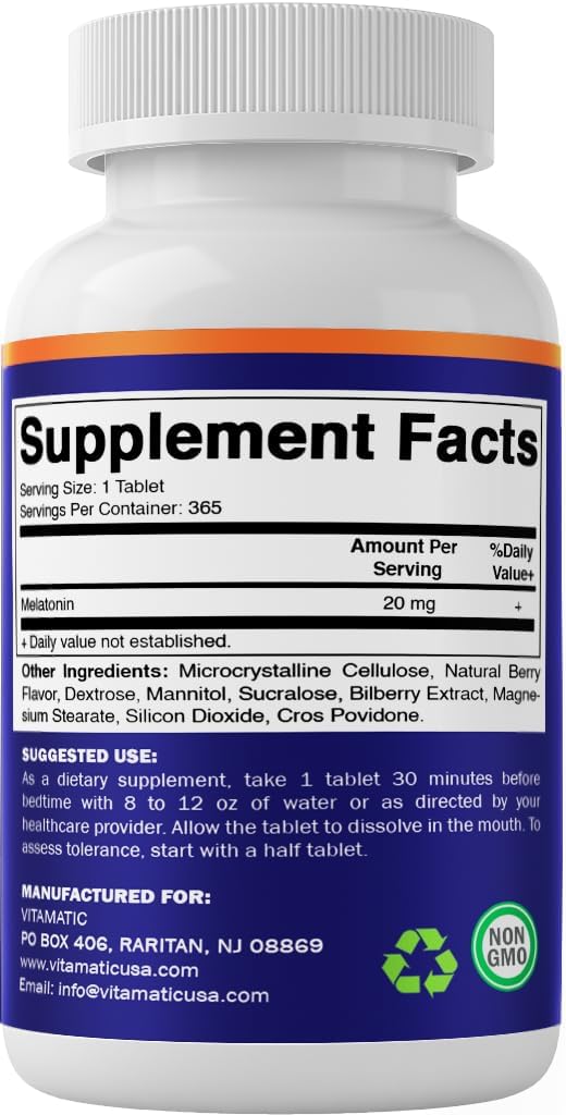 Vitamatic Melatonin Tablets, Natural Berry Flavor, 20 mg, 365 Count