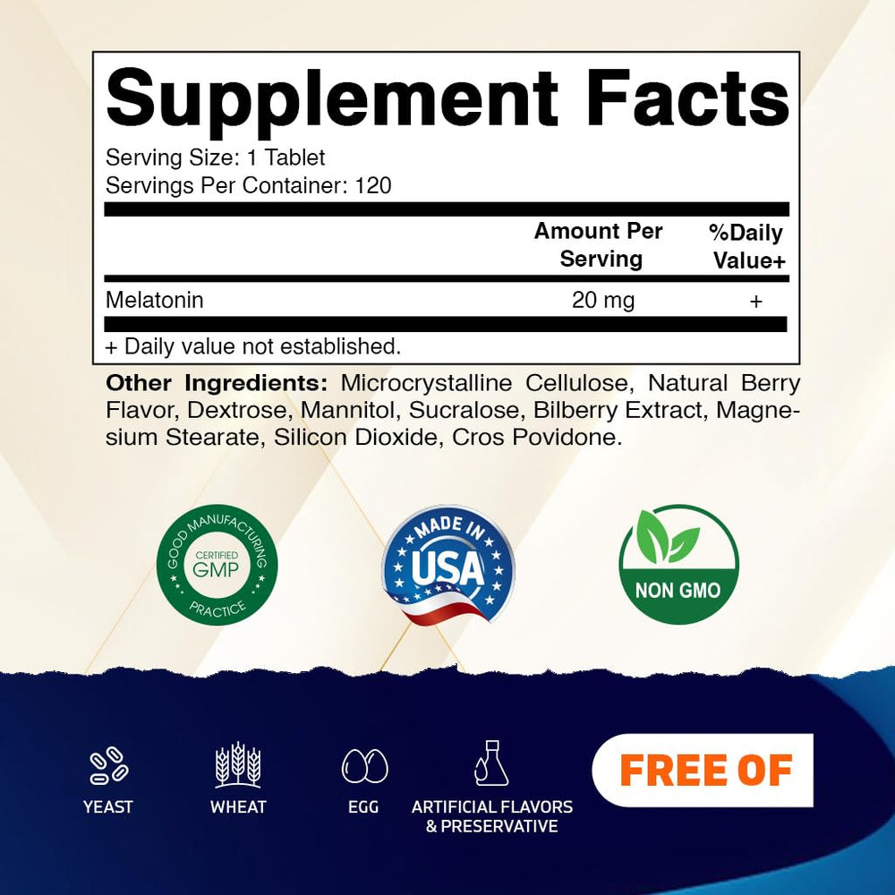 Vitamatic Melatonin 20 mg Tablets, Natural Berry Flavor, 120 Count