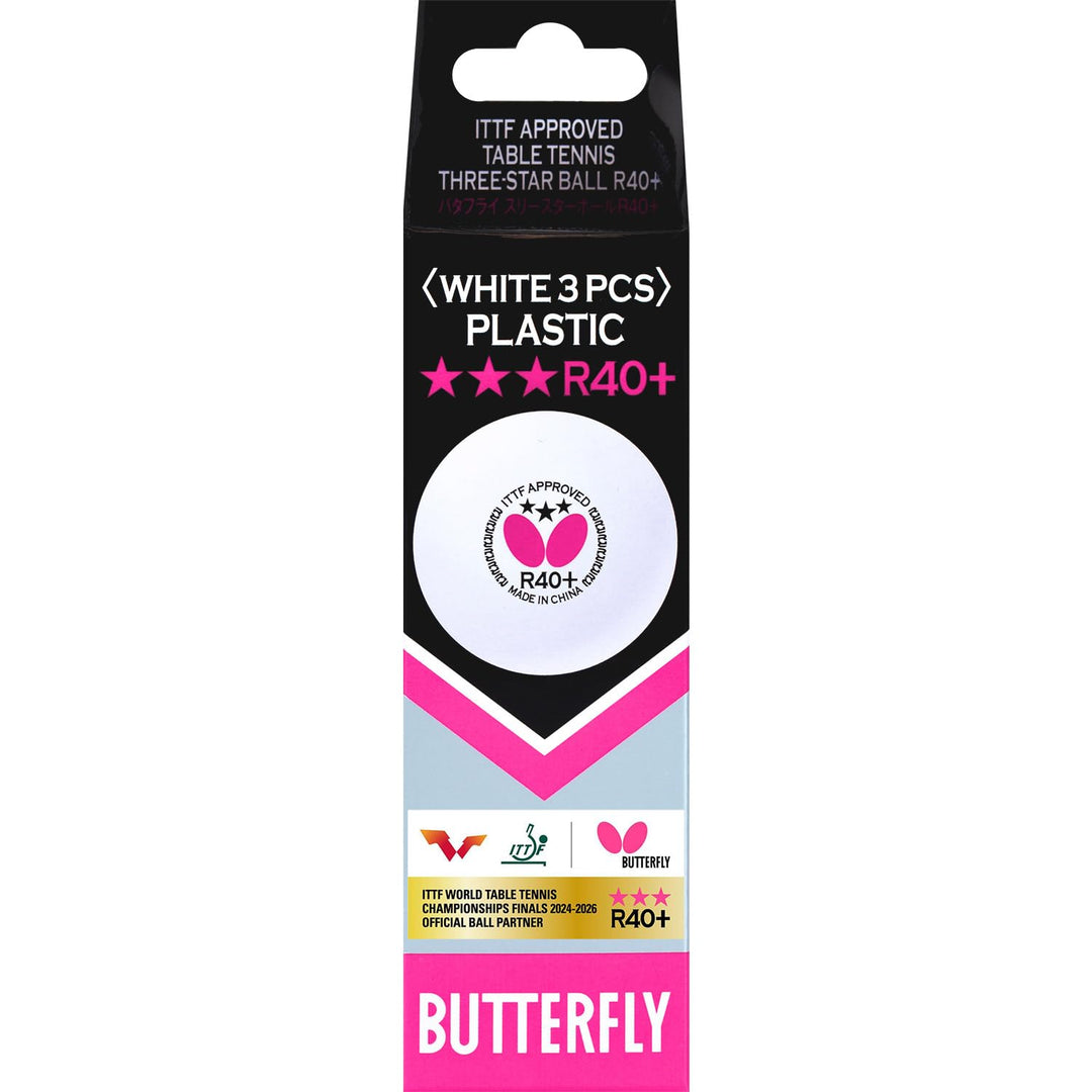Butterfly R40+ Table Tennis Balls, White, 40mm, Pack of 3