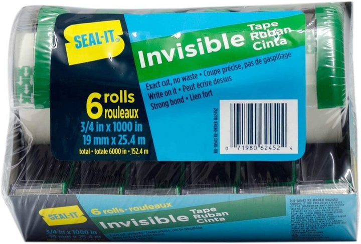 Seal-It Invisible Stationery Tape, 3/4 in x 1000 in, 6 Count