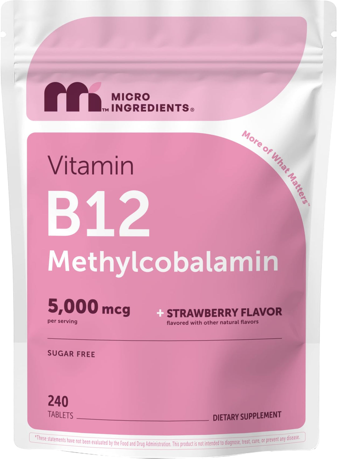 Micro Ingredients Vitamin B12 Methylcobalamin Sublingual Tablets, Strawberry, 5000 mcg, 180 Count