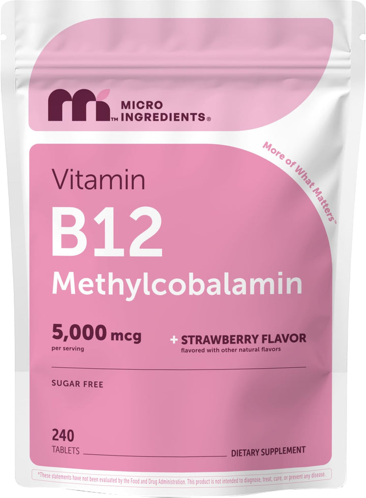 Micro Ingredients Vitamin B12 Methylcobalamin Sublingual Tablets, Strawberry, 5000 mcg, 180 Count