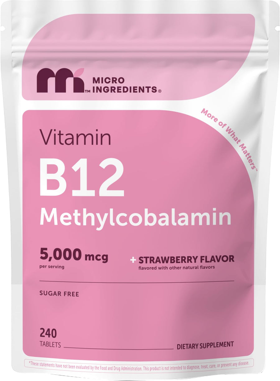 Micro Ingredients Vitamin B12 Methylcobalamin Sublingual Tablets, Strawberry, 5000 mcg, 180 Count