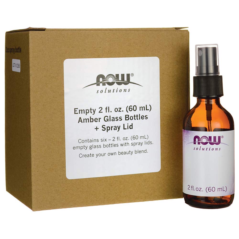 NOW Solutions Amber Glass Bottle Sprayer with Blank Label, 2 oz, Pack of 6