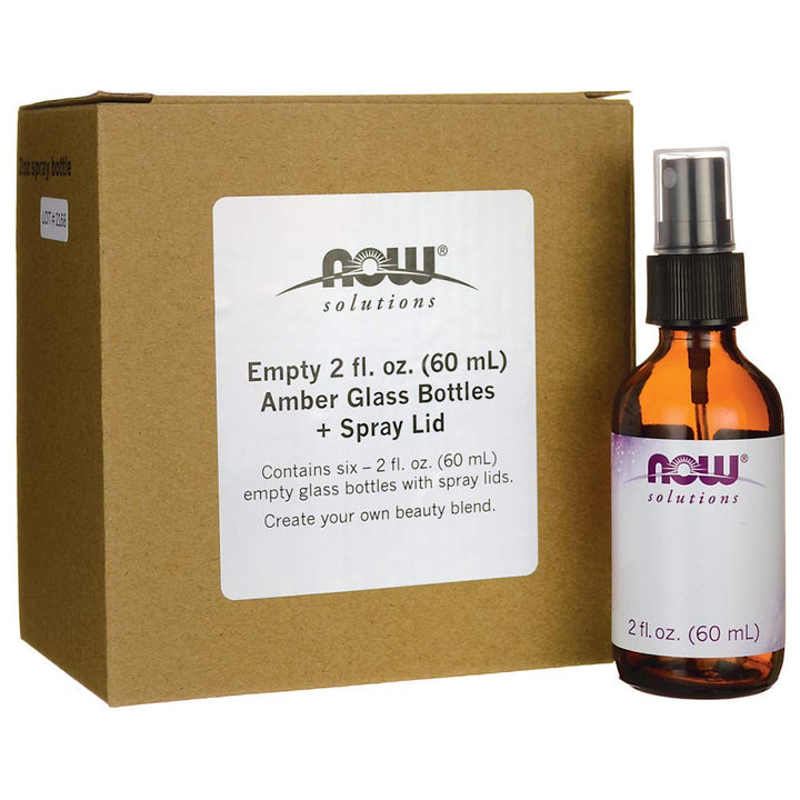 NOW Solutions Amber Glass Bottle Sprayer with Blank Label, 2 oz, Pack of 6