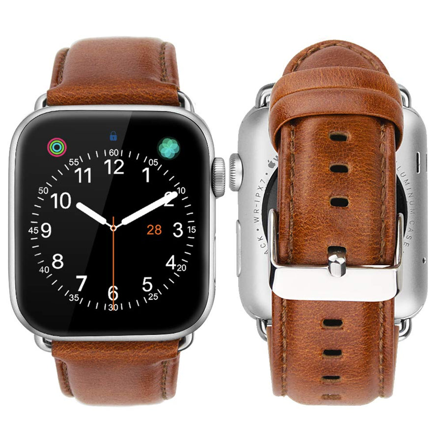 iBazal Leather Watch Band, Brown/Silver, 42/44/45/49 mm