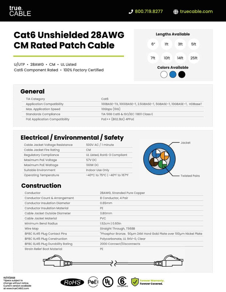 TRUE CABLE Cat6 U/UTP Patch Cable, White, 25 ft
