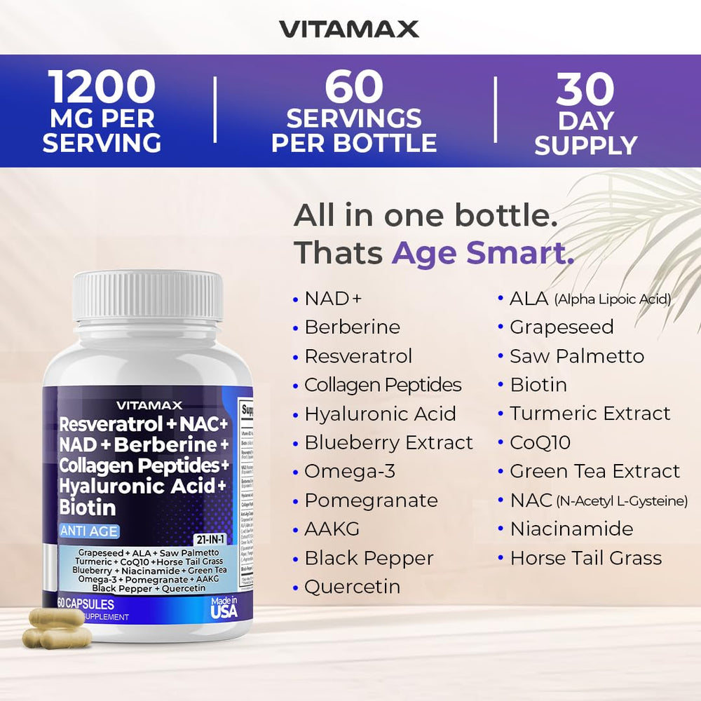 Vitamax Resveratrol NAD+ Berberine Hyaluronic Acid Supplement, 60 Count