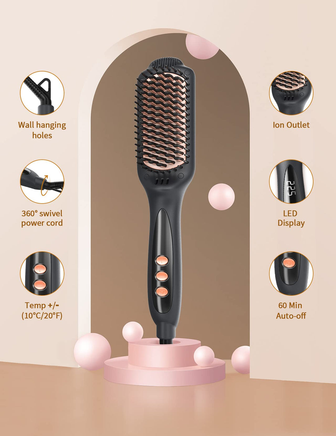 LANDOT Hair Straightener Brush, 12 Temp Settings, 120-230°C