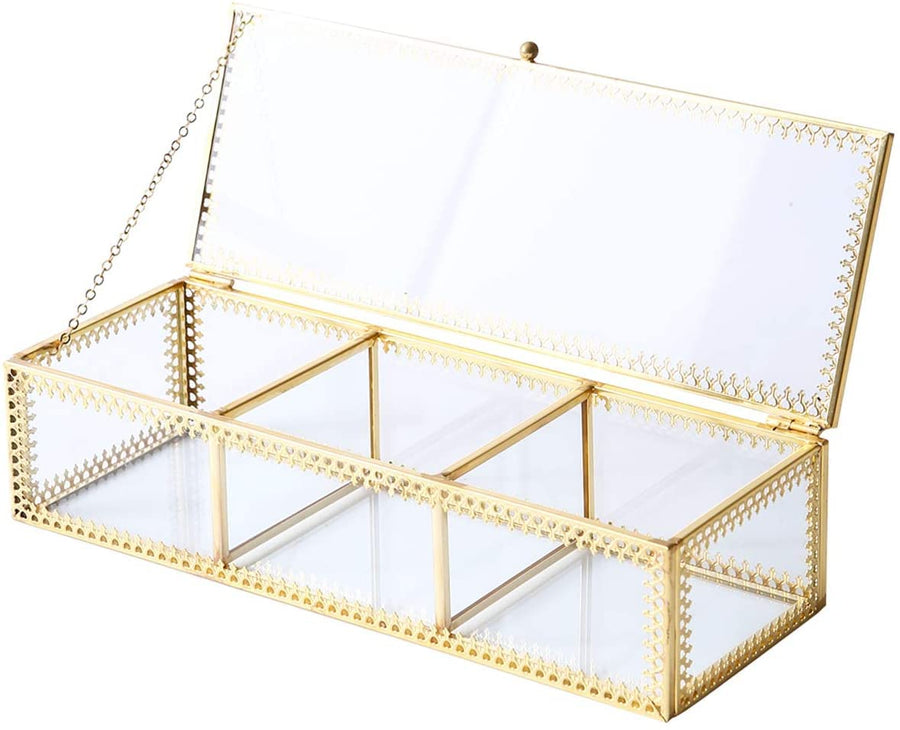 Levilan Glass Lidded Jewelry Box, Golden Vintage Pattern Edge