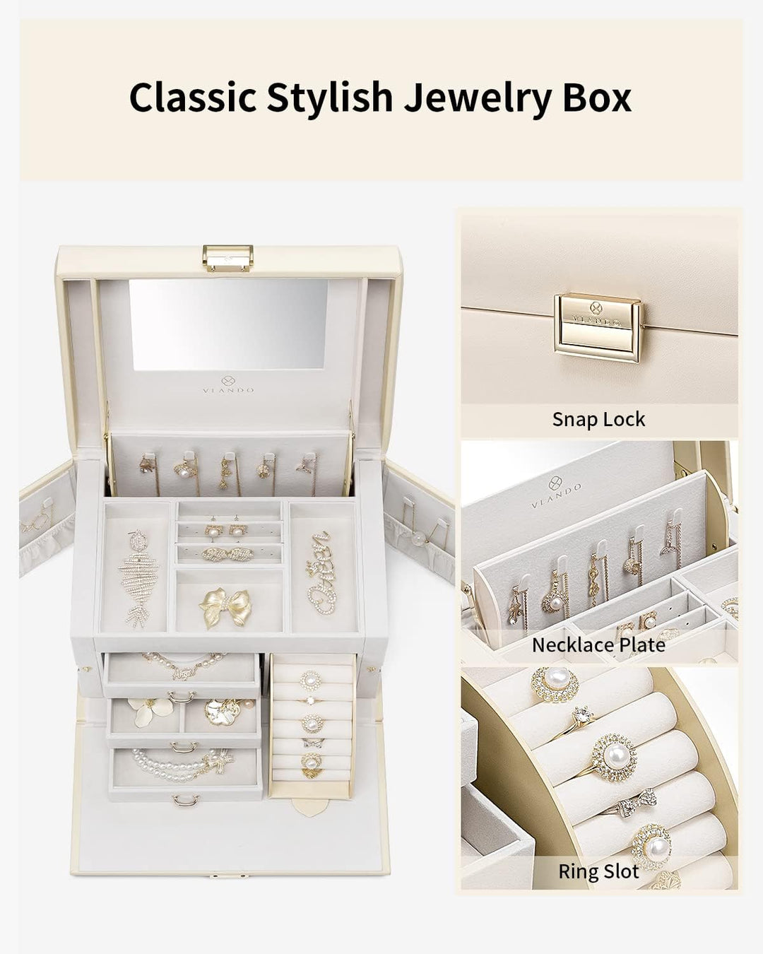 VLANDO Jewelry Box With Mirror, Apricot White