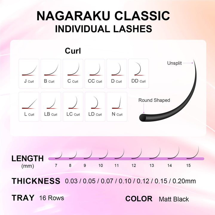 NAGARAKU Eyelash Extensions, 0.05mm J Curl, 7-15mm Mix Tray