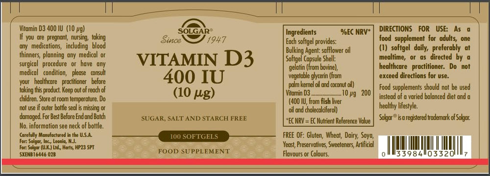 Solgar Vitamin D3 Cholecalciferol, 400 IU, 100 Count