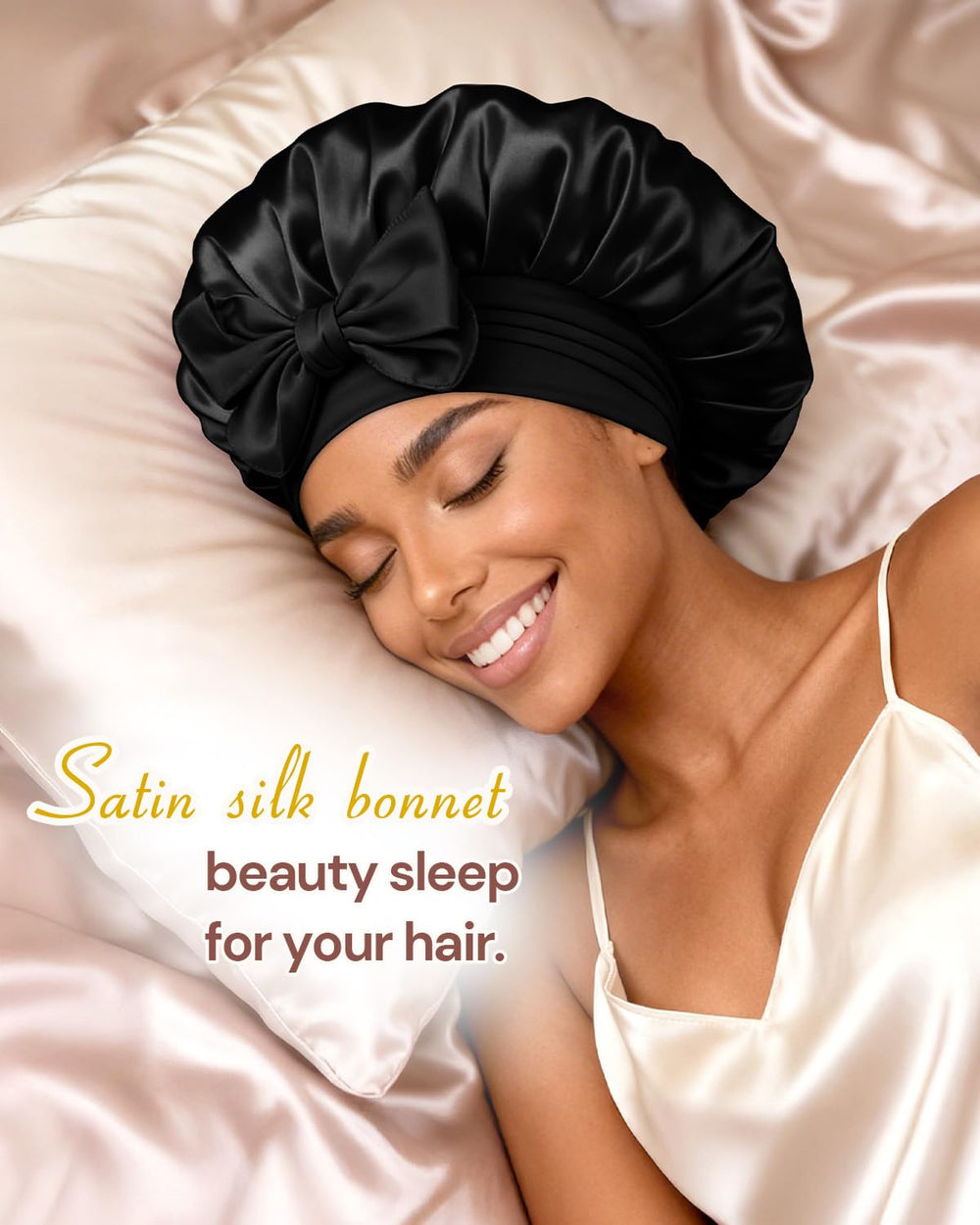 BONNET QUEEN Silk Sleep Bonnet, Black, Medium