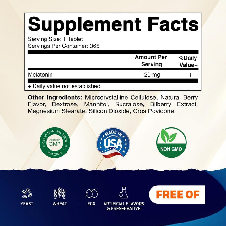 Vitamatic Melatonin Tablets, Natural Berry Flavor, 20 mg, 365 Count