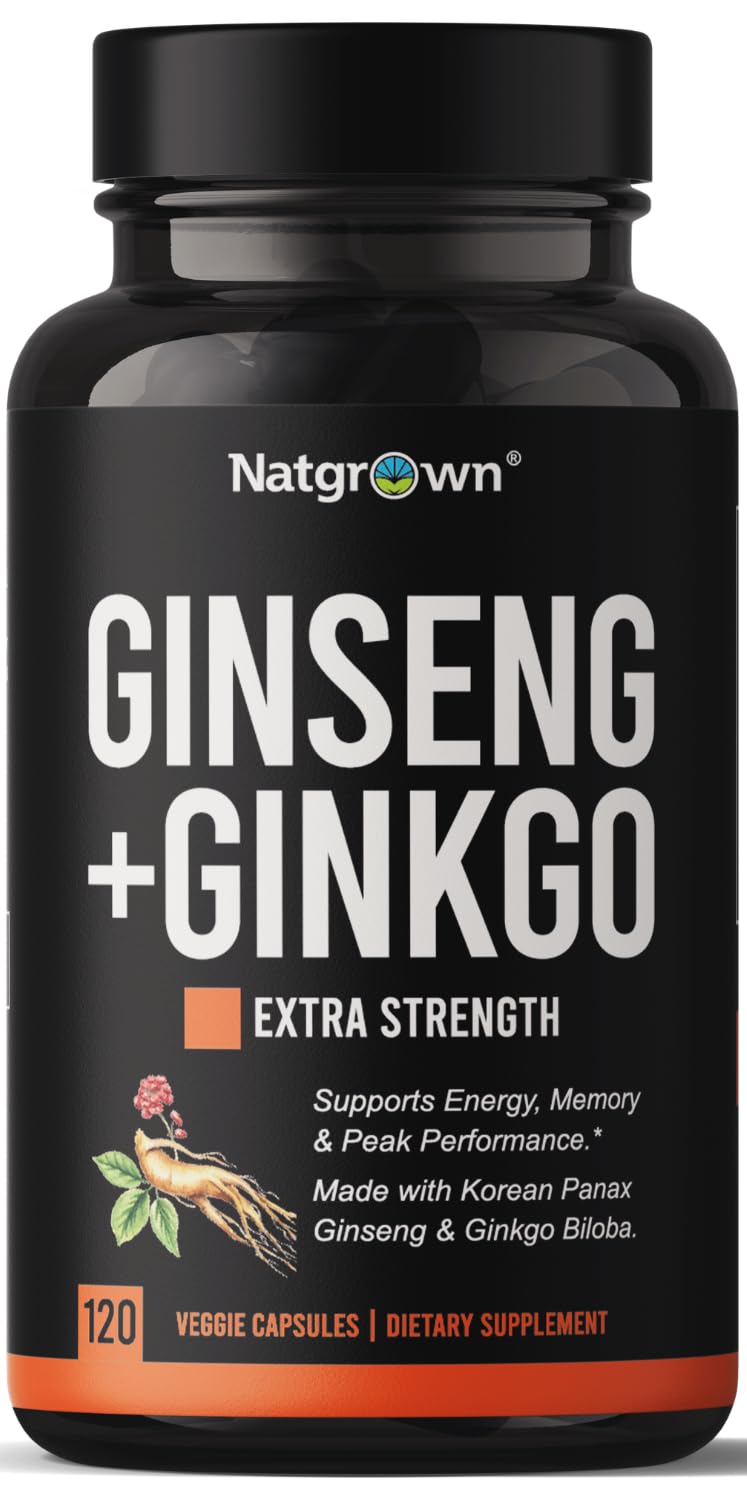 Natgrown Panax Ginseng and Ginkgo Biloba Supplement, Vegan, 120 Count