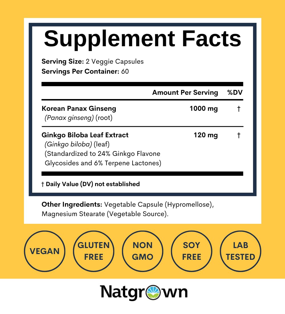 Natgrown Panax Ginseng and Ginkgo Biloba Supplement, Vegan, 120 Count