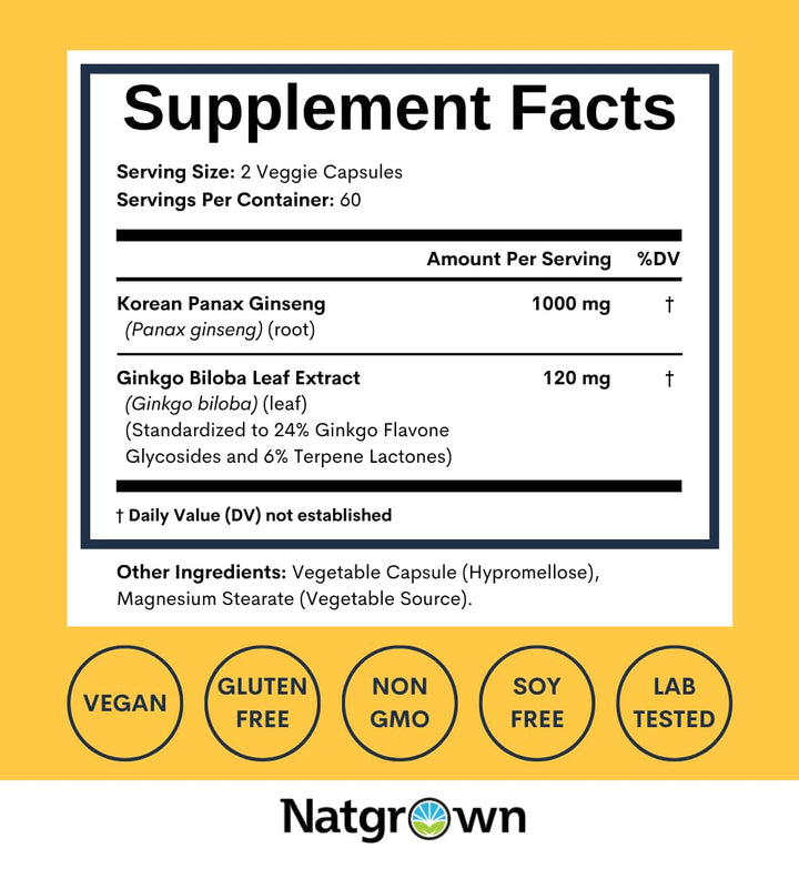 Natgrown Panax Ginseng and Ginkgo Biloba Supplement, Vegan, 120 Count