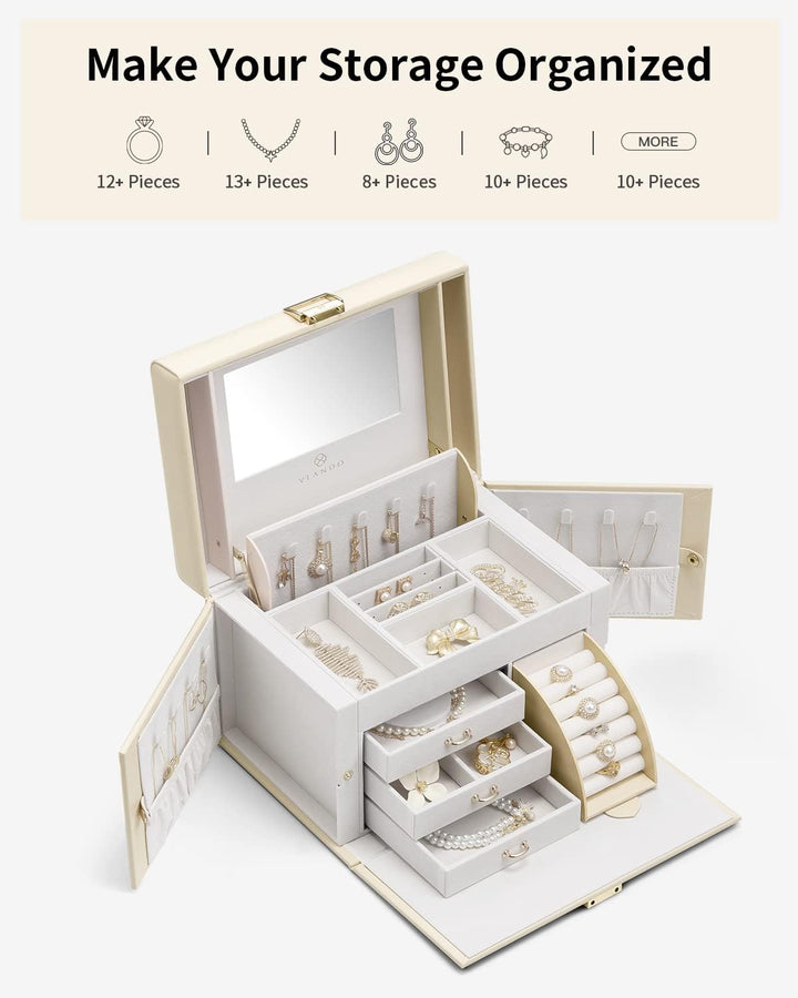 VLANDO Jewelry Box With Mirror, Apricot White