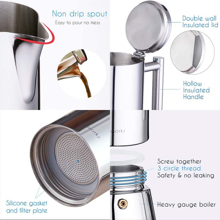 Easyworkz Diego Stovetop Espresso Maker, Stainless Steel, 4 Cup, 6.8 oz