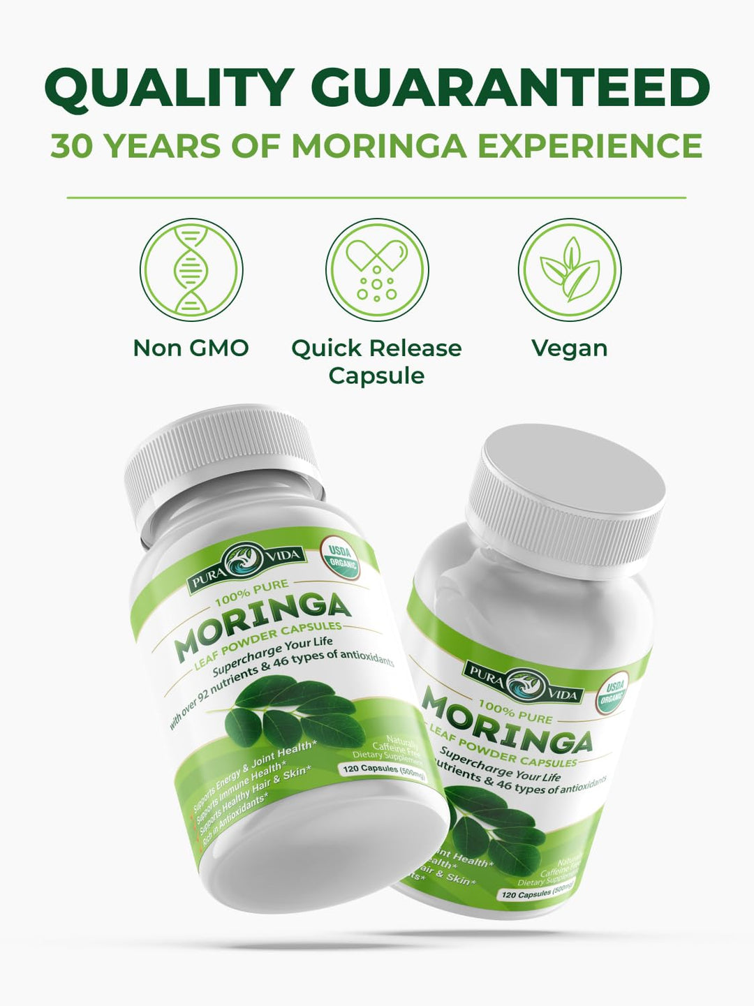 PURA VIDA MORINGA Moringa Capsules, 500 mg, 120 Count