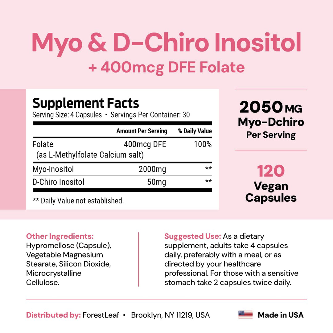 ForestLeaf Myo and D-Chiro Inositol Supplement Blend with Folate, 120 Count