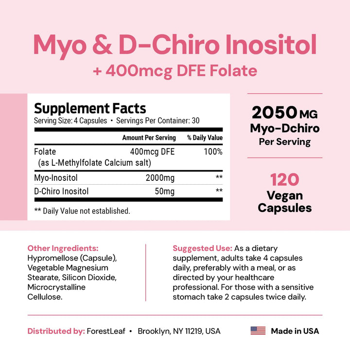 ForestLeaf Myo and D-Chiro Inositol Supplement Blend with Folate, 120 Count