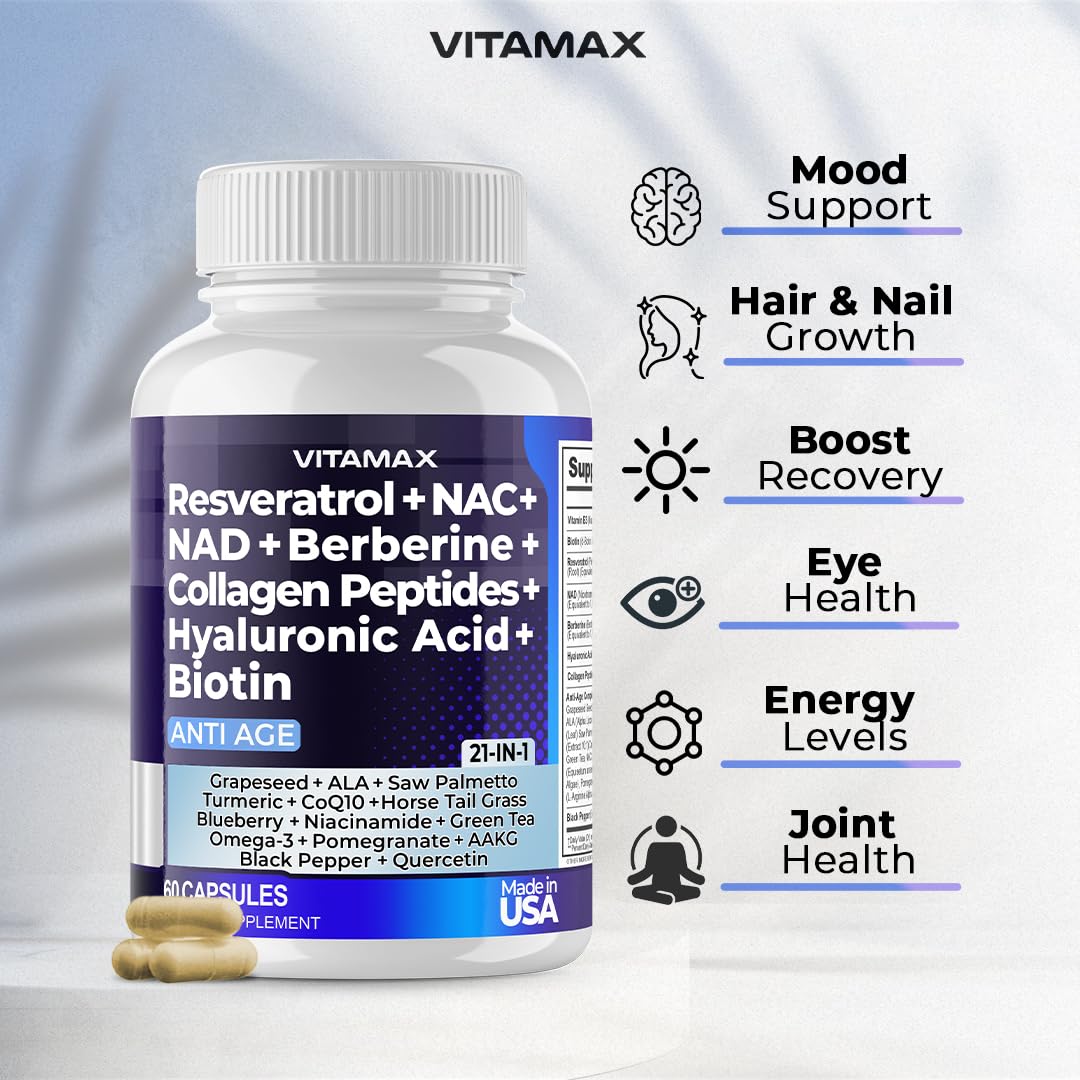 Vitamax Resveratrol NAD+ Berberine Hyaluronic Acid Supplement, 60 Count