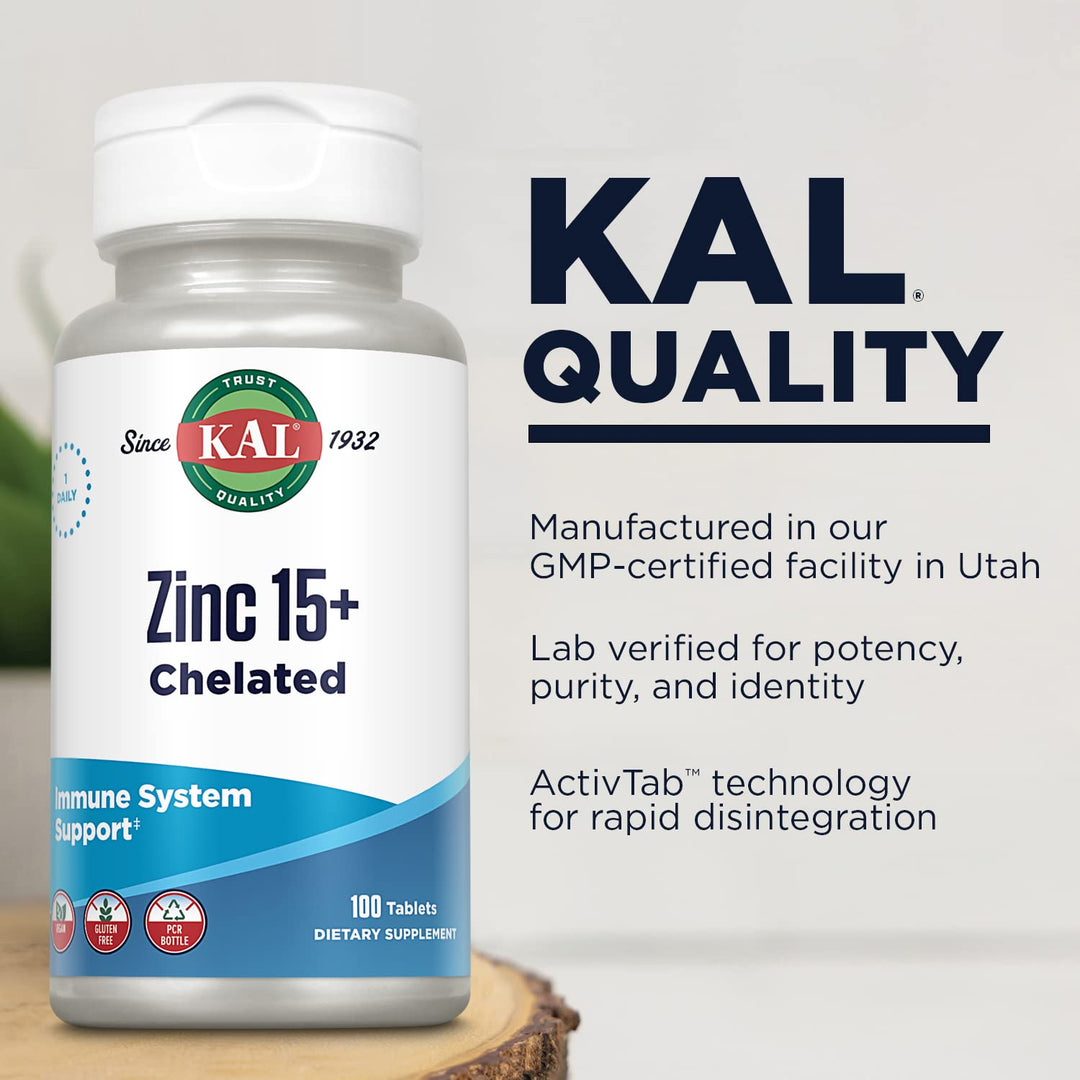 KAL Zinc 15 mg Plus Betaine HCl and Trace Minerals, 100 Count