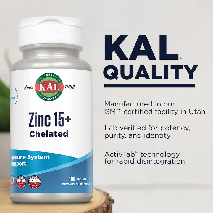 KAL Zinc 15 mg Plus Betaine HCl and Trace Minerals, 100 Count