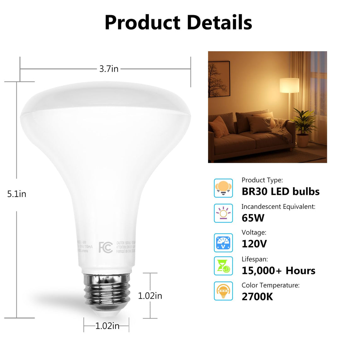 dalattin BR30 LED Bulb, Dimmable, 2700K Warm White, 12 Count