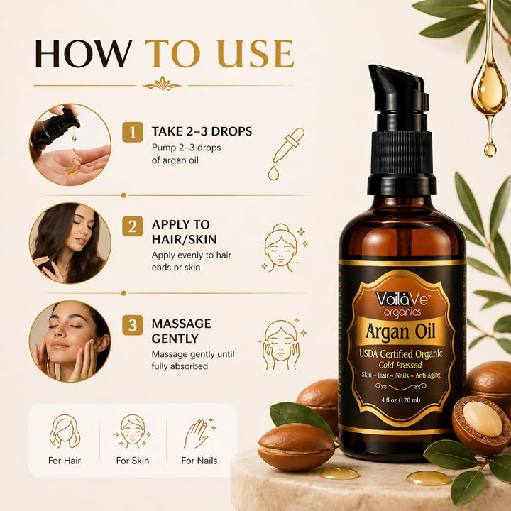 VoilaVe Organic Moroccan Argan Oil, 4 fl oz