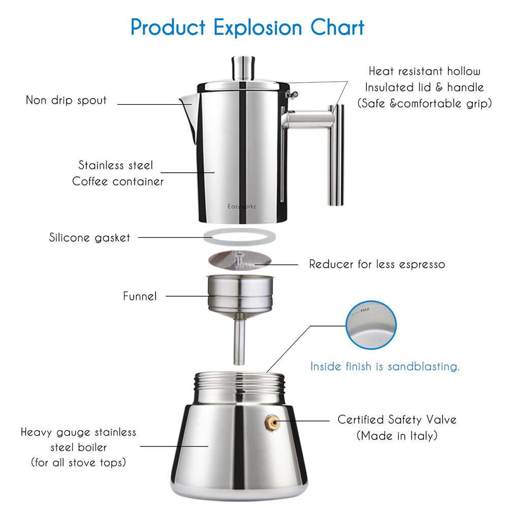 Easyworkz Diego Stovetop Espresso Maker, Stainless Steel, 4 Cup, 6.8 oz