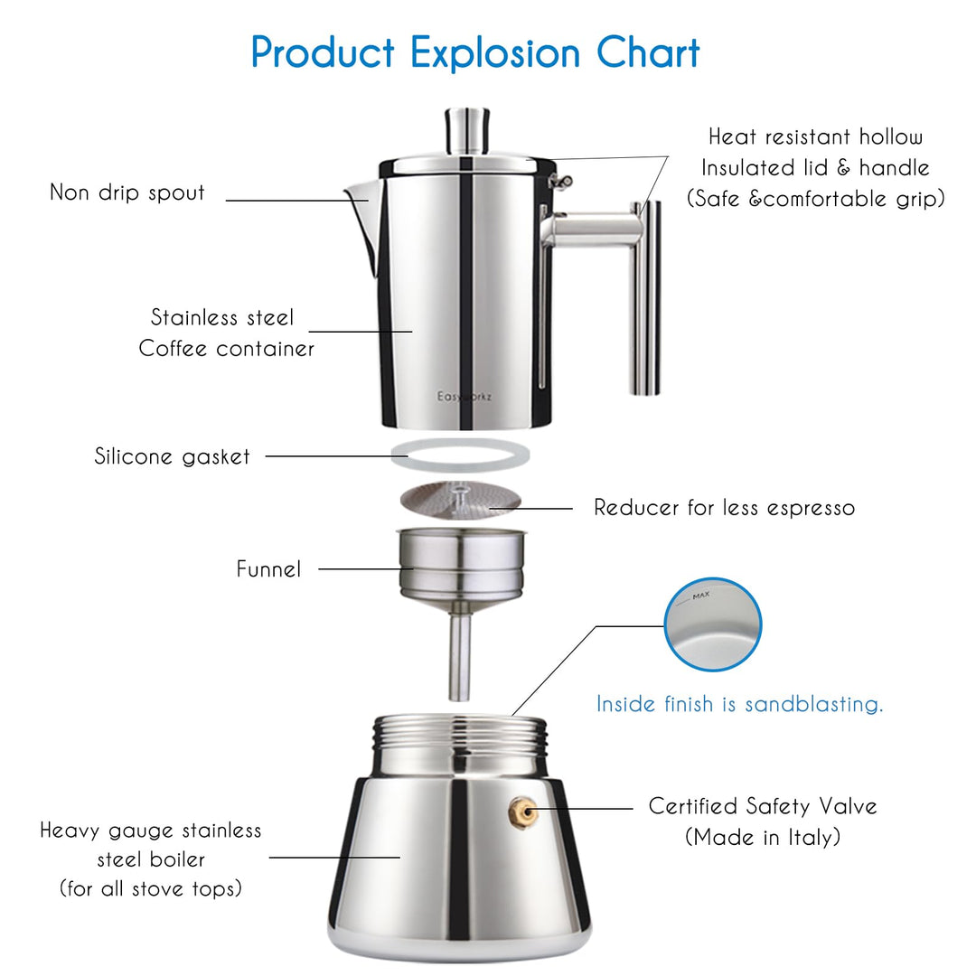 Easyworkz Diego Stovetop Espresso Maker, Stainless Steel, 4 Cup, 6.8 oz