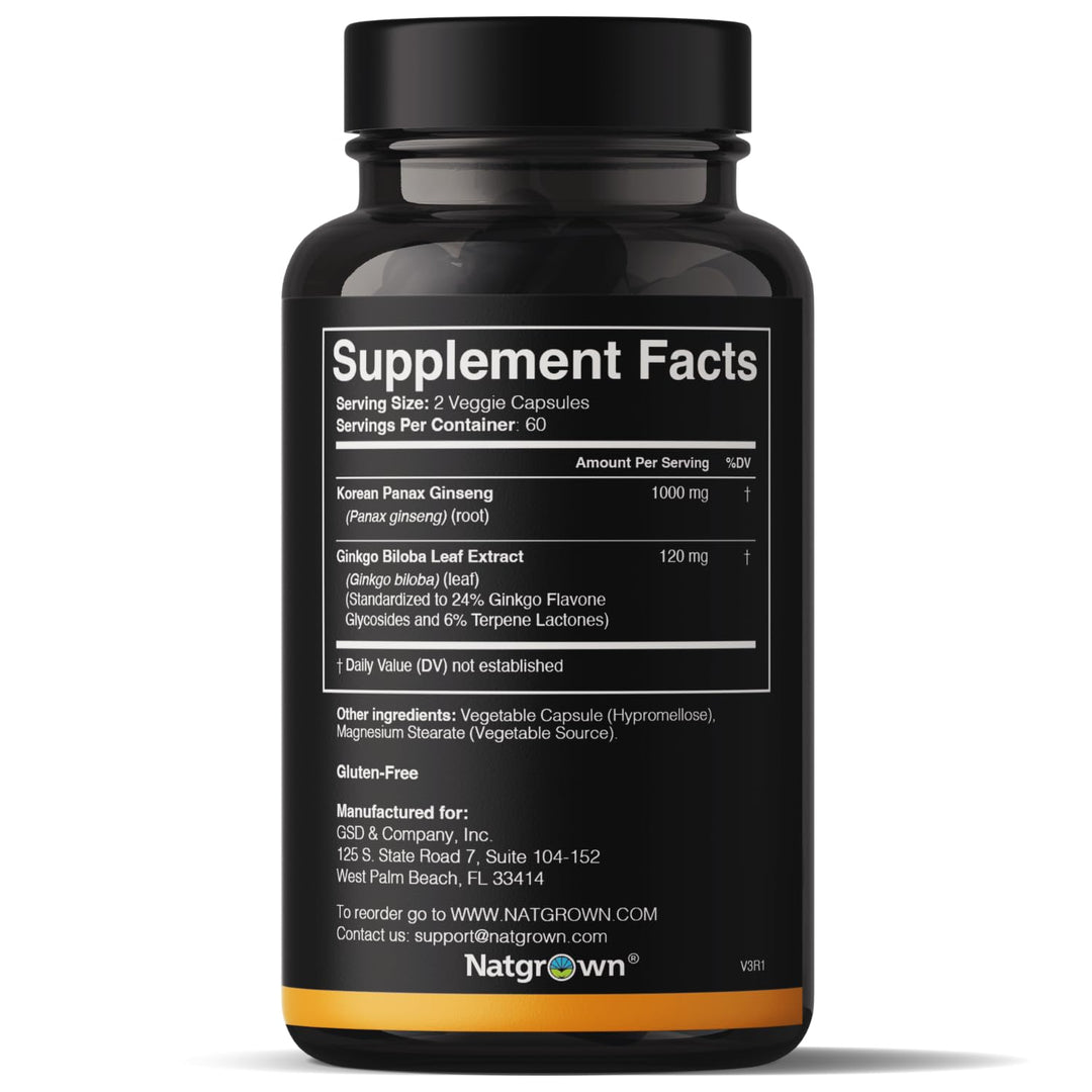Natgrown Panax Ginseng and Ginkgo Biloba Supplement, Vegan, 120 Count